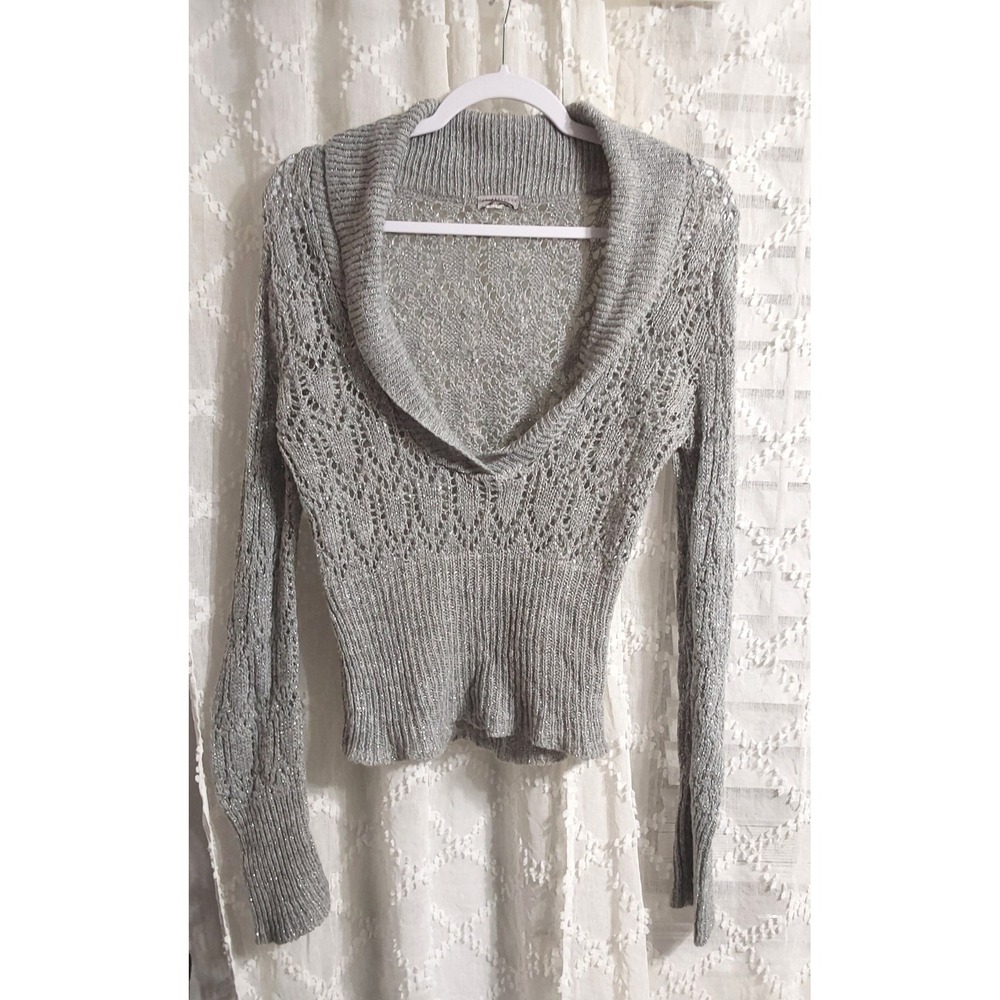 Silver Metallic Open Knit Shawl Collar Sweater Long Sleeve Glitter‎ Top Gray